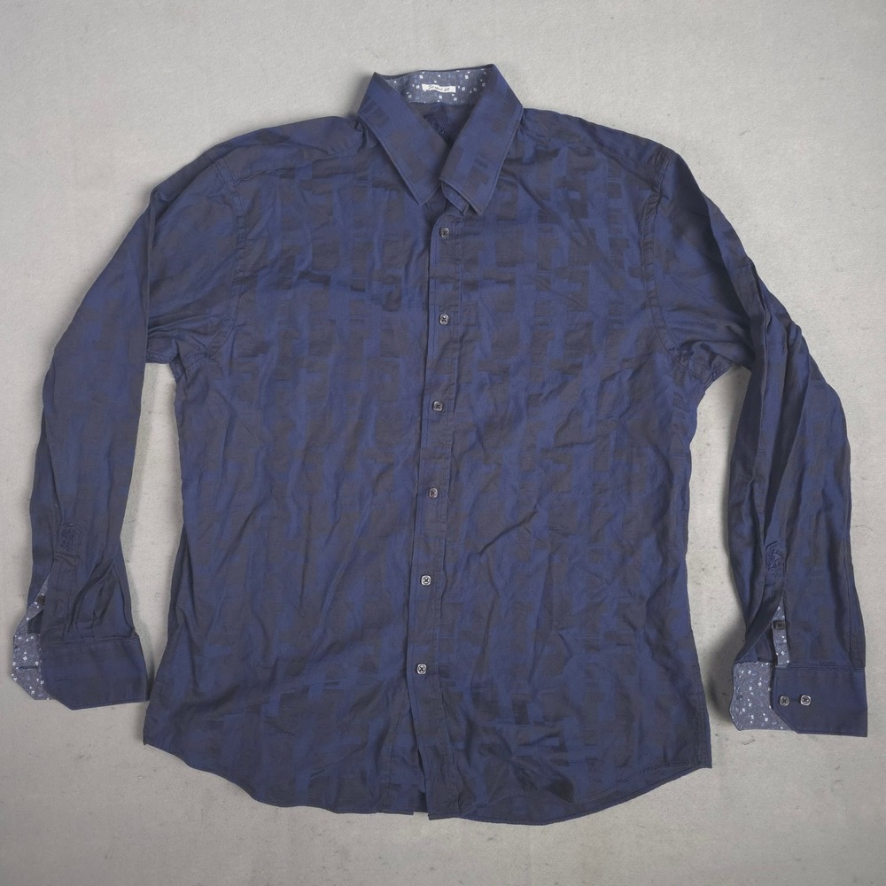Designer Men's Navy Blue Geometric Pattern Dress Shirt Medium‎ Shaped Fit Cotton